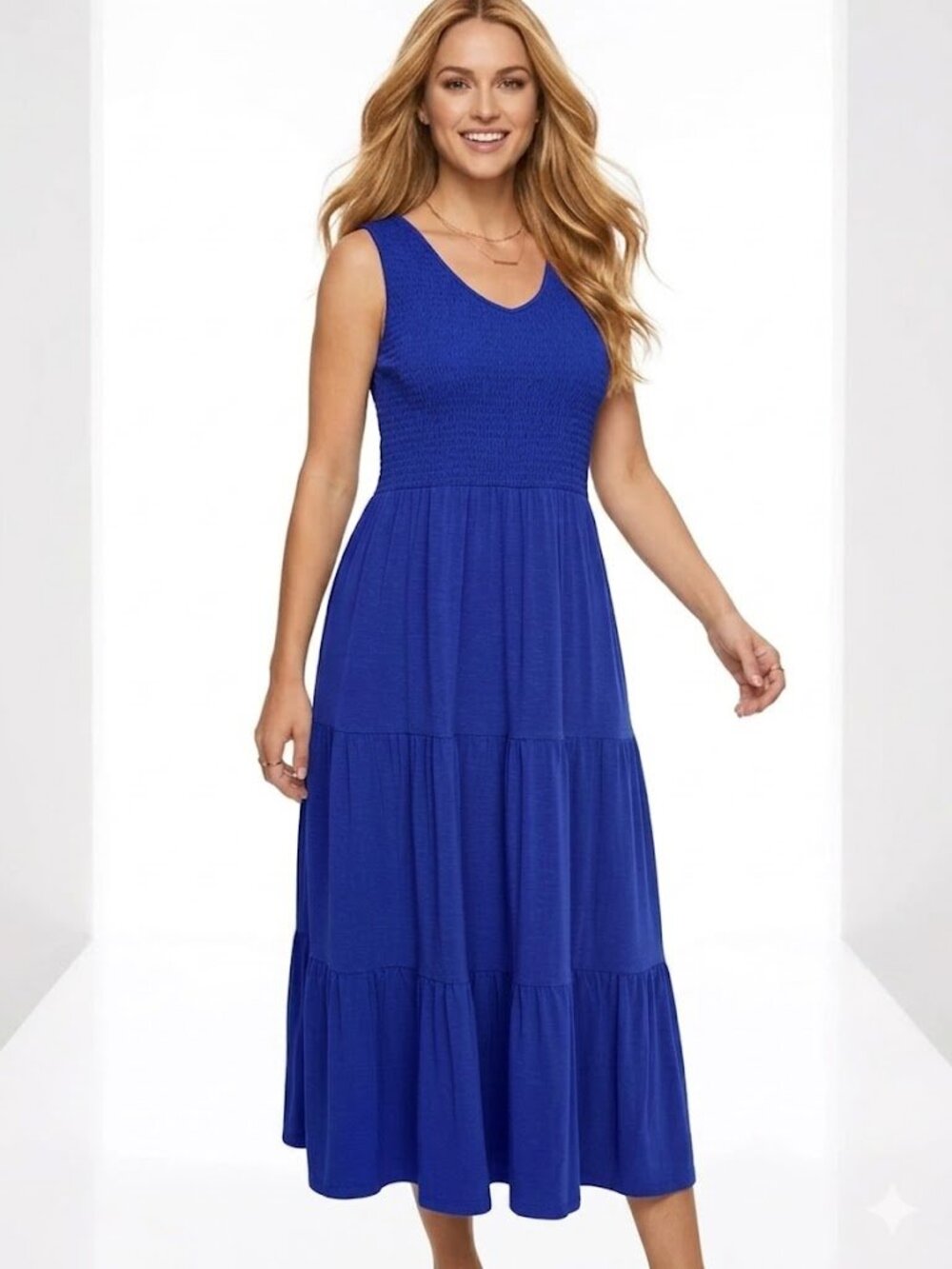 J.JILL Royal Blue Smocked Tiered Women's Midi Tank Dress Size M
